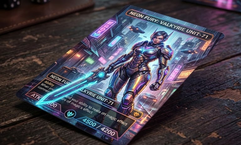 High-end custom TCG card featuring cold foil printing with metallic gradients.