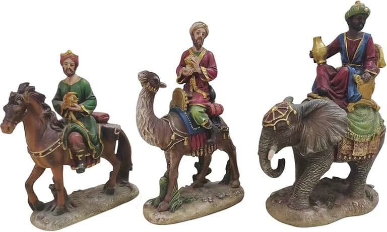 Three Wise Men riding a horse, a camel, and an elephant