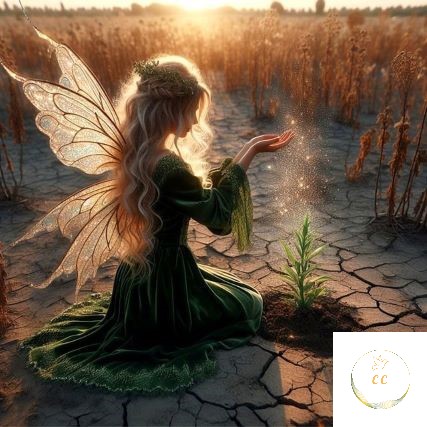 Une jeune fille avec des ailes dans le dos sur un décor féérique met de l'énergie sur une plante dans un désert, terre sèche