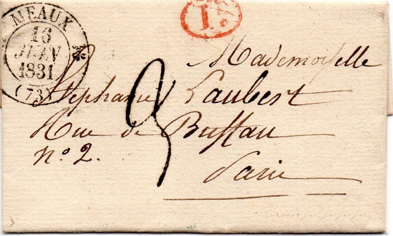 Lettre en port dû de moins de 7.5 g provenant d'une commune rurale dépendant de MEAUX (décime rural)