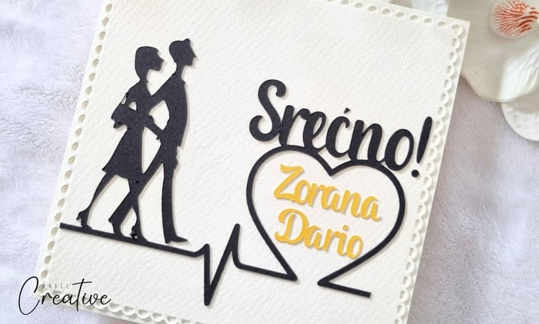 Wedding greeting card with black silhouettes of a couple