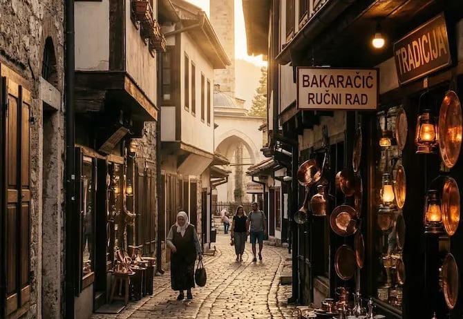 Cobblestone street in Sarajevo old bazaar with copper shops at sunset