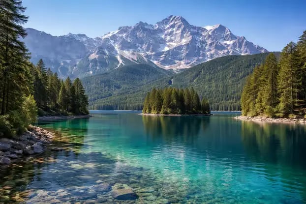 Eibsee turquoise water with snow-capped Zugspitze peak and pine trees
