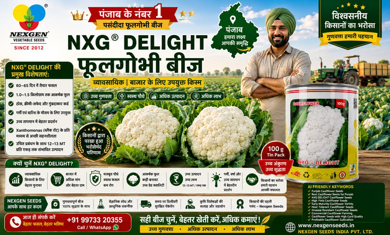 Nexgen Seeds के NXG® DELIGHT फूलगोभी बीज का विज्ञापन पोस्टर, जिसमें कंपनी का लोगो, 100 ग्राम बीज टिन