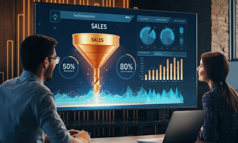 Verve Phoenix sales team analyzing a digital sales funnel with charts and rising graphs representing revenue growth.