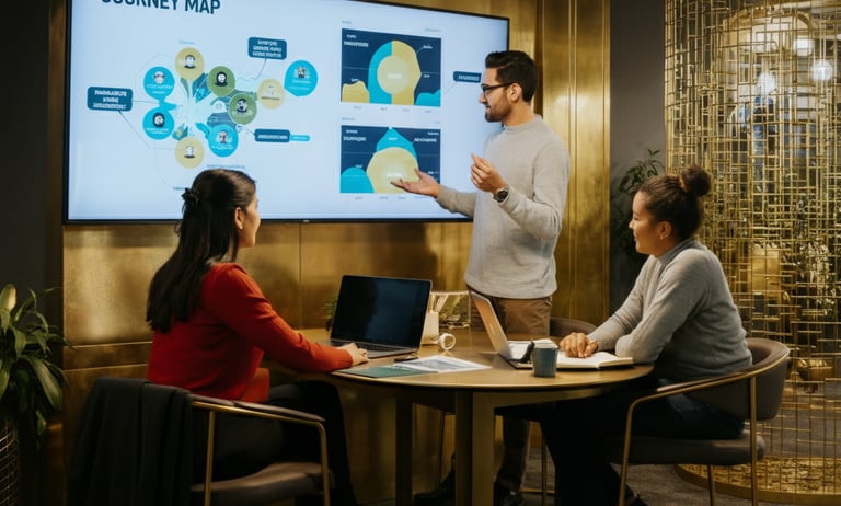 Verve Phoenix customer success team reviewing retention strategies and journey maps in a gold and black-themed collaborative