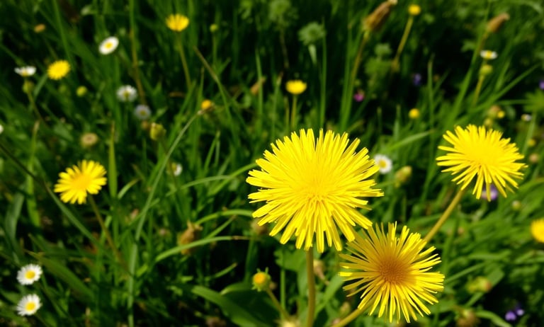 A vibrant dandelion plant in a sunny meadow,