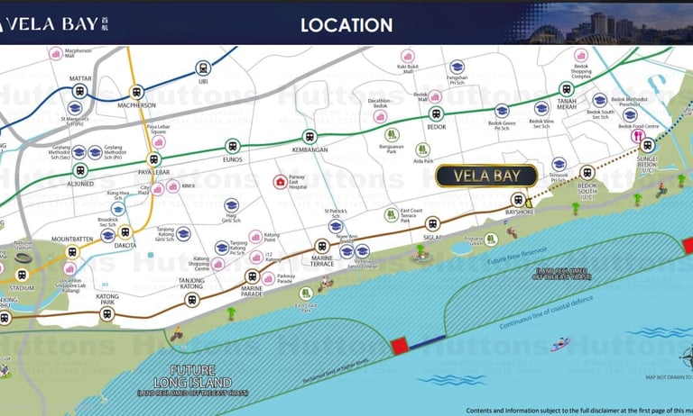 Location map of Vela Bay condominium in Singapore showing nearby MRT stations and schools.