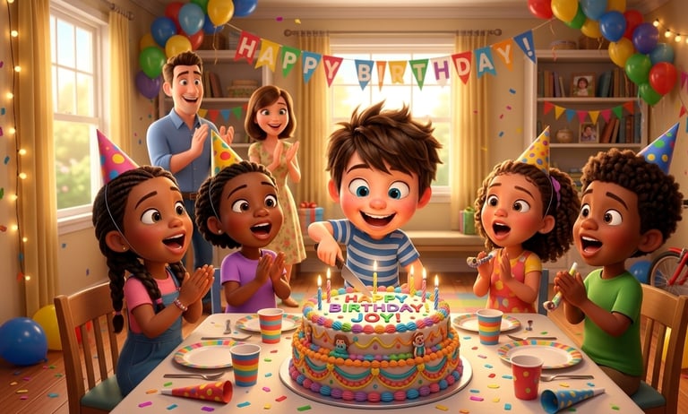 Happy boy cuts a colorful birthday cake at a festive party with friends and family.