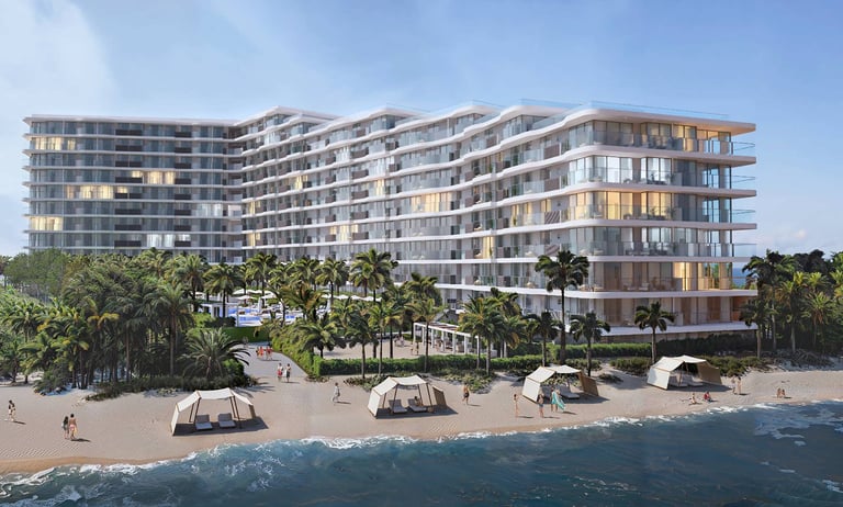 Luxury beachfront hotel resort with modern architecture, palm trees, and beach cabanas on a sunny day.