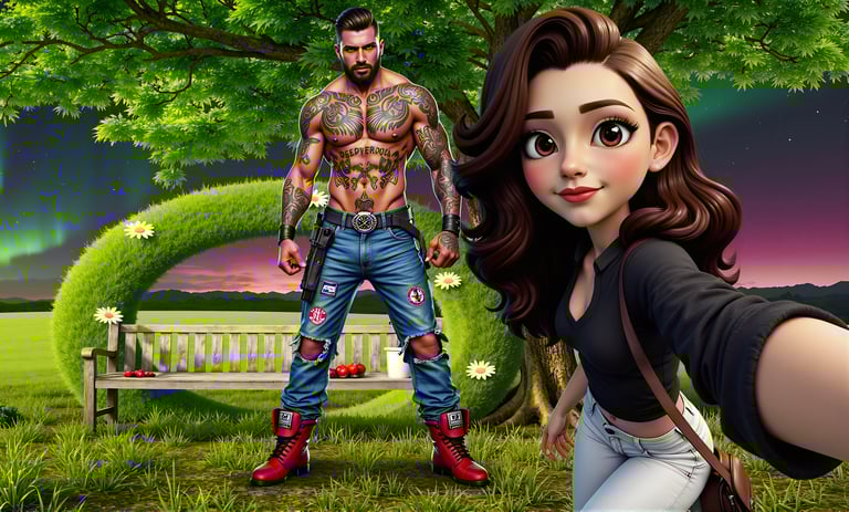 a woman is taking a selfie with a man no shirt teasing her Graphic designer Lance MadKiwi Designs