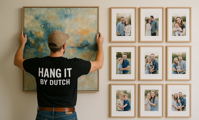 a man is hanging a picture of a family portrait