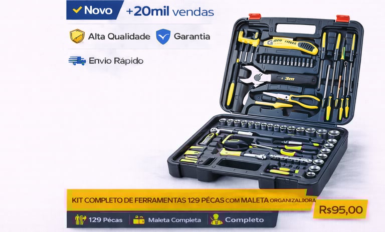 Kit completo de ferramentas 129 peças com maleta organizadora profissional amarela e preta.