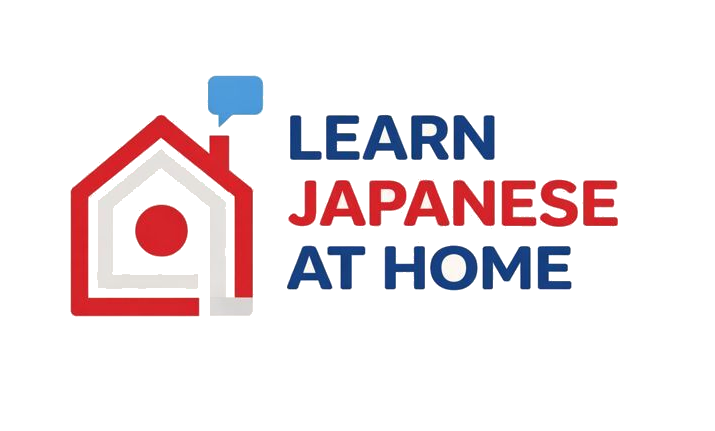 Learn Japanese at Home logo featuring a red house icon with a blue speech bubble and bold text.