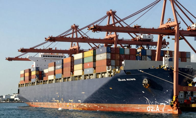 High-contrast editorial shot of a modern deep-water shipping port in Miami, container ships docked under crisp coastal daylight, sharp architectural focus, 35mm lens