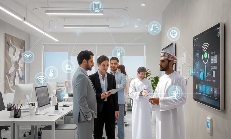 a group of people standing in a room