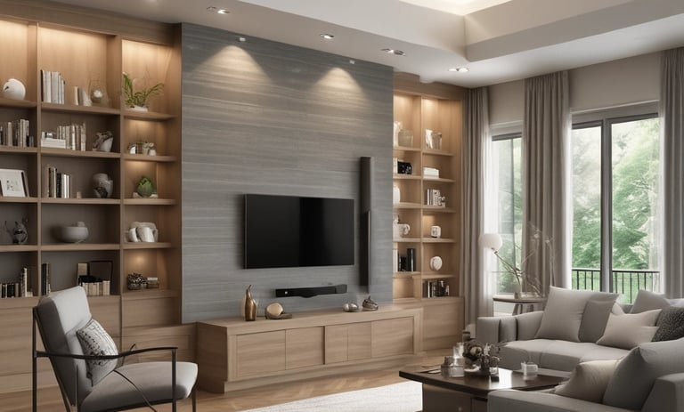 People are working on the interior renovation of a room that appears to be under construction. A worker on a scaffold is painting the ceiling, while others are seated or discussing the progress. The room has smooth, gray walls with arched recesses and a modern design vibe. There are tools and materials scattered around, including a ladder, paint cans, and some rocks or construction debris on the floor. Overhead, stylish pendant lights provide illumination as natural light streams in from windows.