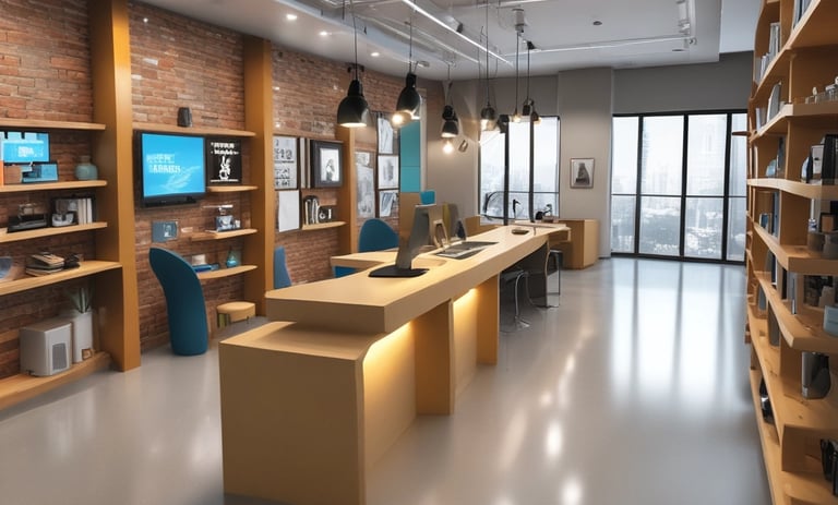 The image features a partially renovated interior space with ornate moldings and a large arched window with stained glass. Scaffolding and ladders are positioned throughout the area, along with painting supplies and construction equipment. The light coming through the window creates a contrast with the otherwise muted tones of the room.