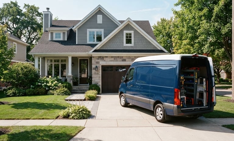 A clean, modern service vehicle parked outside a neat suburban home, bright editorial photography, natural daylight, sharp focus 35mm
