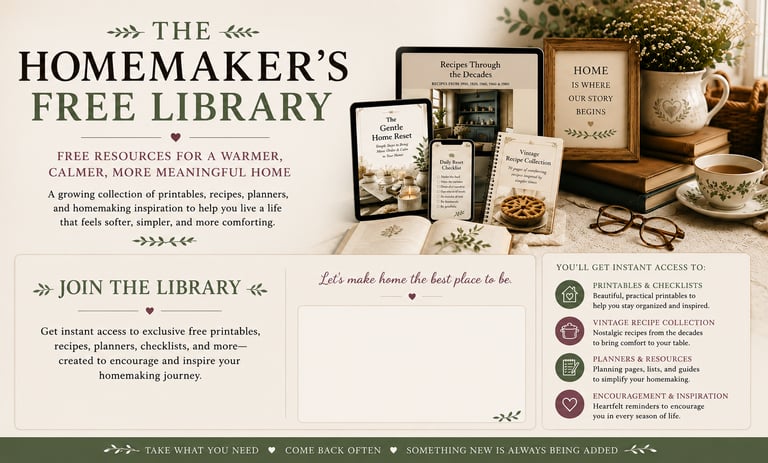 A collection of homemaking printables, recipe books, and digital planners for a cozy home library.
