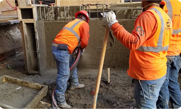 Concrete workers wearing orange safety vests and hard hats, one holds a hose, the other a shovel.
