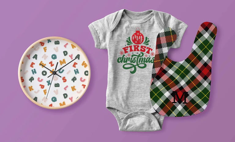 New baby onesies, bibs, nursery decor designed for young babies through childhood