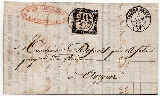 1859: De VALENCIENNES pour ANZIN. Lettre présentant le cas du tarif local des "Recettes réunies"
