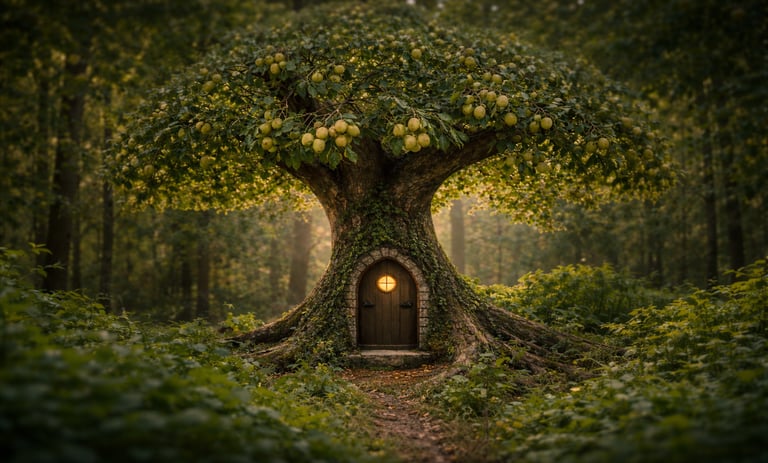 drawing of a shea tree with a fairy door on its trunk