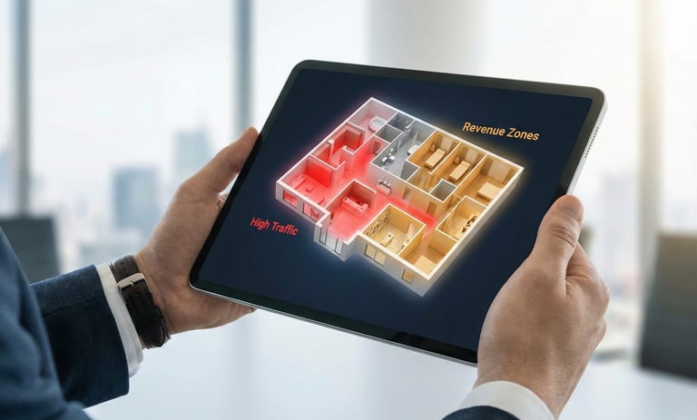 Digital feasibility model analyzing spa floor plan efficiency and revenue potential.