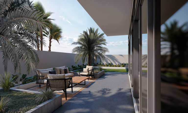 Modern luxury villa garden at Trump Estates Dubai designed by Moori Interiors