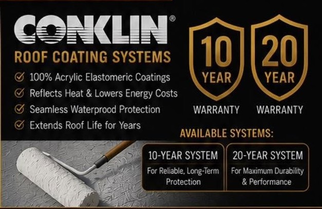 Conklin acrylic elastomeric roof coating systems featuring 10 and 20 year warranty options for energy efficiency.