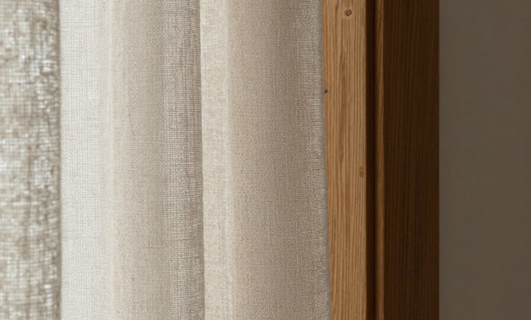 Macro detail shot of a textured linen curtain meeting a solid oak window frame, soft natural light, high tactile contrast, calm minimal atmosphere.