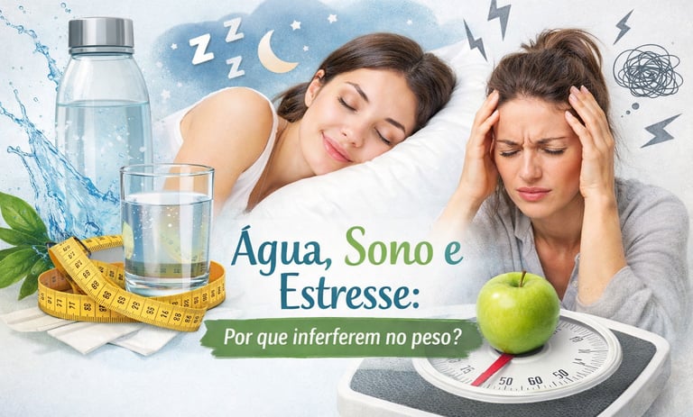 Imagem de capa sobre água, sono e estresse relacionados ao peso corporal.