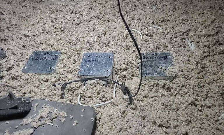 Electrical junction boxes for lights and receptacles installed in blown-in attic insulation.