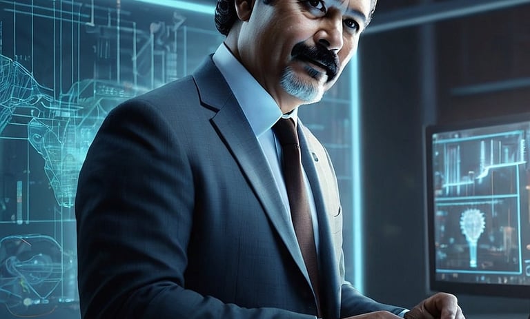a man in a suit and tie is sitting at a desk