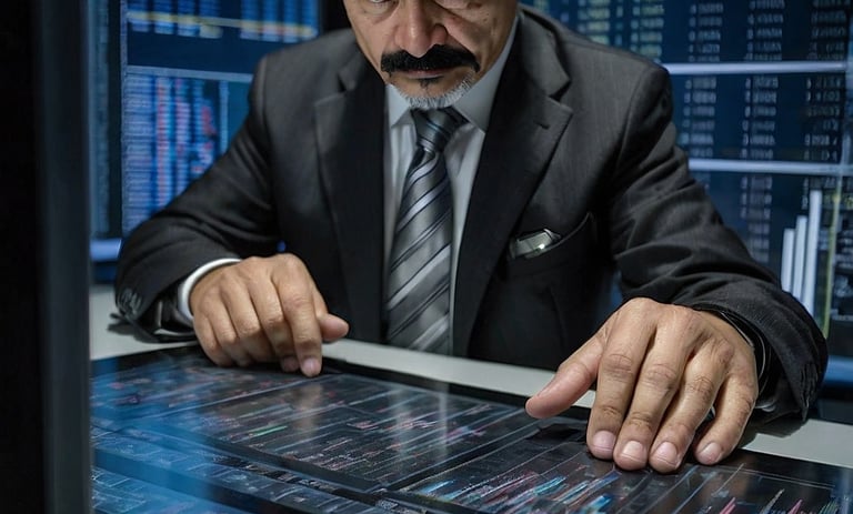 a man in a suit and tie is looking at a computer screen