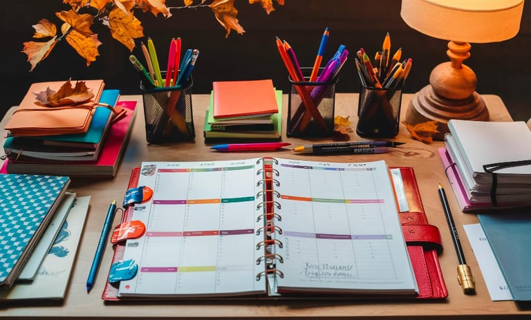 imagem ilustrativa da mesa de estudo com seu material educativo e agendas abertas para anotações.