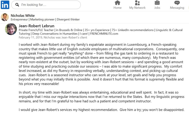 N. White's LinkedIn testimonial for J.-R. Lebrun French teacher BXL, av. Couronne, 370 - bus line 95