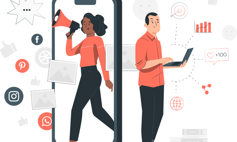 a man and woman standing in front of a phone