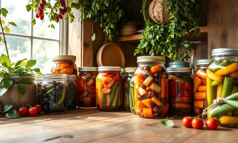 colorful home canned goods in jars by a kitchen window