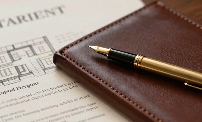 Close-up of a leather-bound legal document with a brass pen resting on it, beside a property deed with architectural blueprints subtly visible in the background. Warm editorial photography, soft natural side-lighting, rich deep tones, sophisticated office setting, shallow depth of field, 35mm.