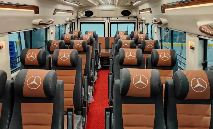 20 seater tempo traveller interior for rent in Delhi suitable for corporate and outstation trips