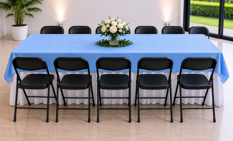 Mesa rectangular con 10 sillas negras para eventos