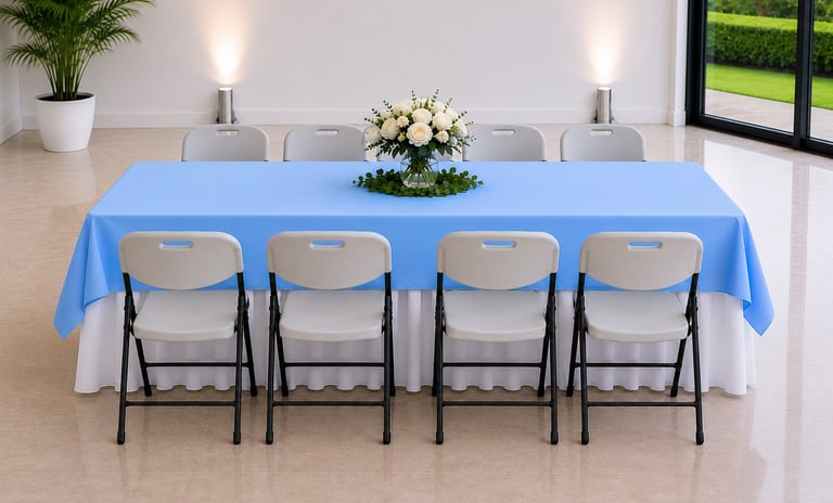Mesa rectangular con 10 sillas blancas para eventos en el regufio