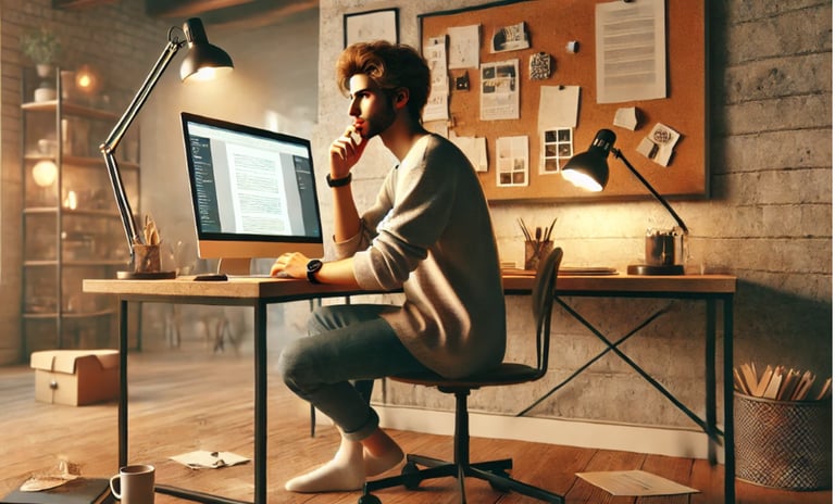 a man sitting at a desk with a computer monitor and a laptop