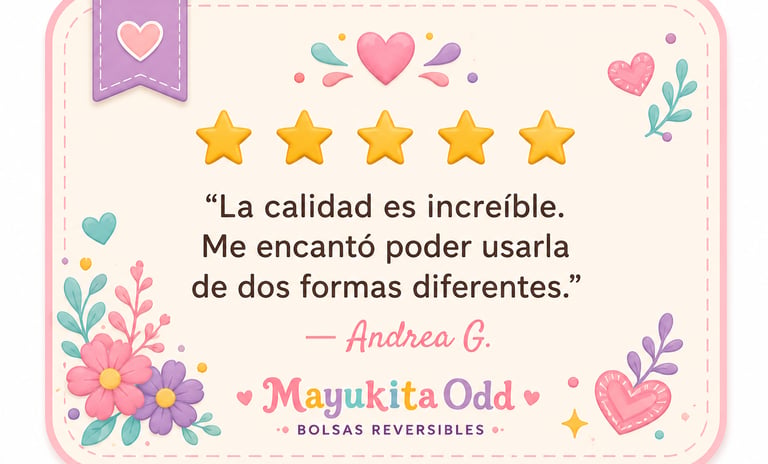 Opinión de cinco estrellas de un cliente sobre los bolsos reversibles Mayukita Odd.