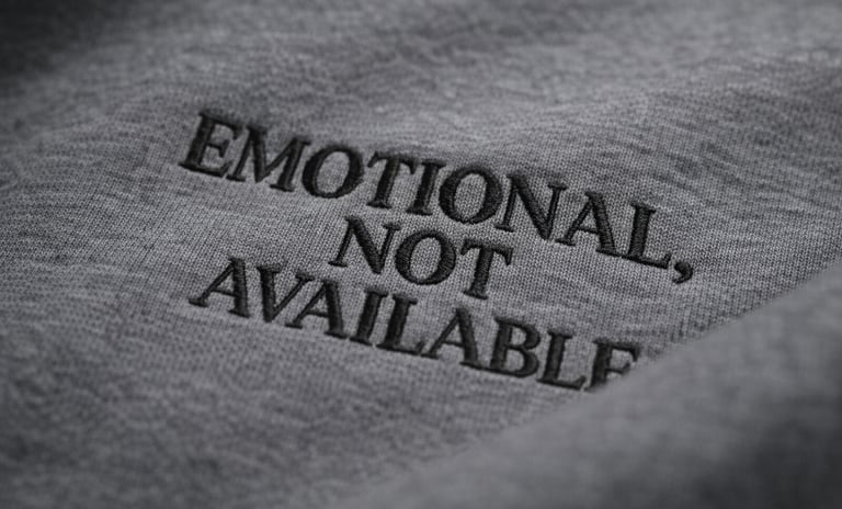 Detailaufnahme Stickerei „Emotional, not available“ auf grauem Sweatshirt  hochwertige Verarbeitung