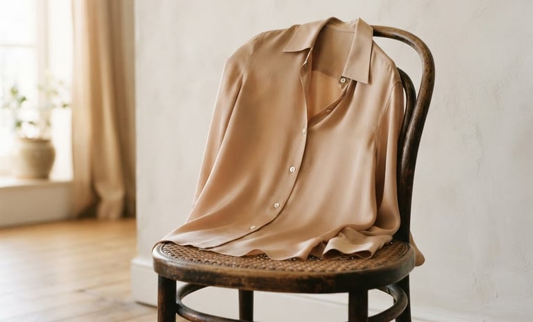 Elegant silk blouse draped over a vintage wooden chair, soft warm morning daylight, minimalist editorial composition, 35mm film texture