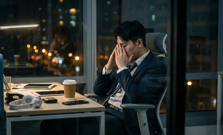 a leader at his desk late at night symbolizing the overload and busyness