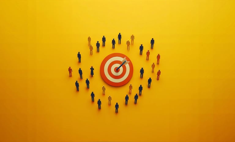 Miniature people surrounding a red bulls-eye